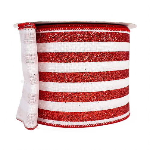 Ribbon 4" Glitter Thin Stripes Red And White