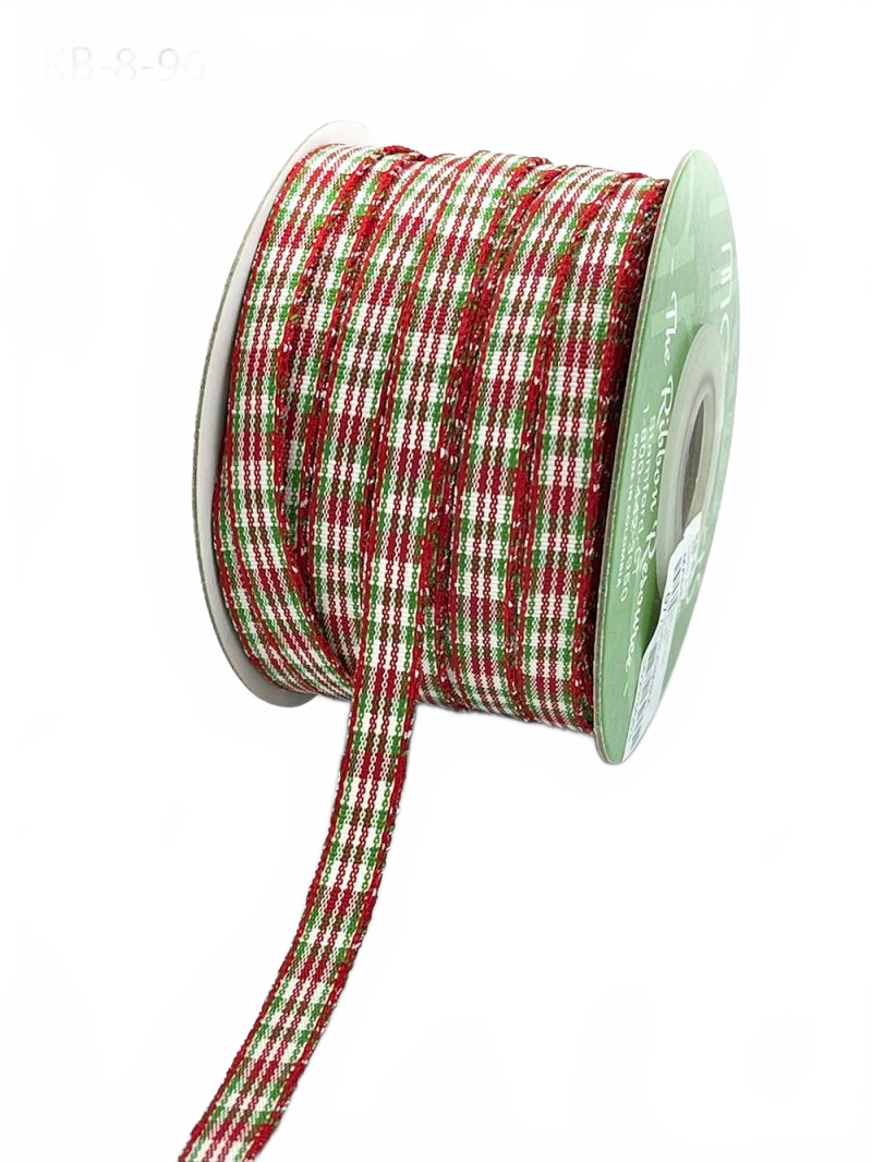 3/8 Inch Checkered Red/Green/White Ribbon With Woven Edge