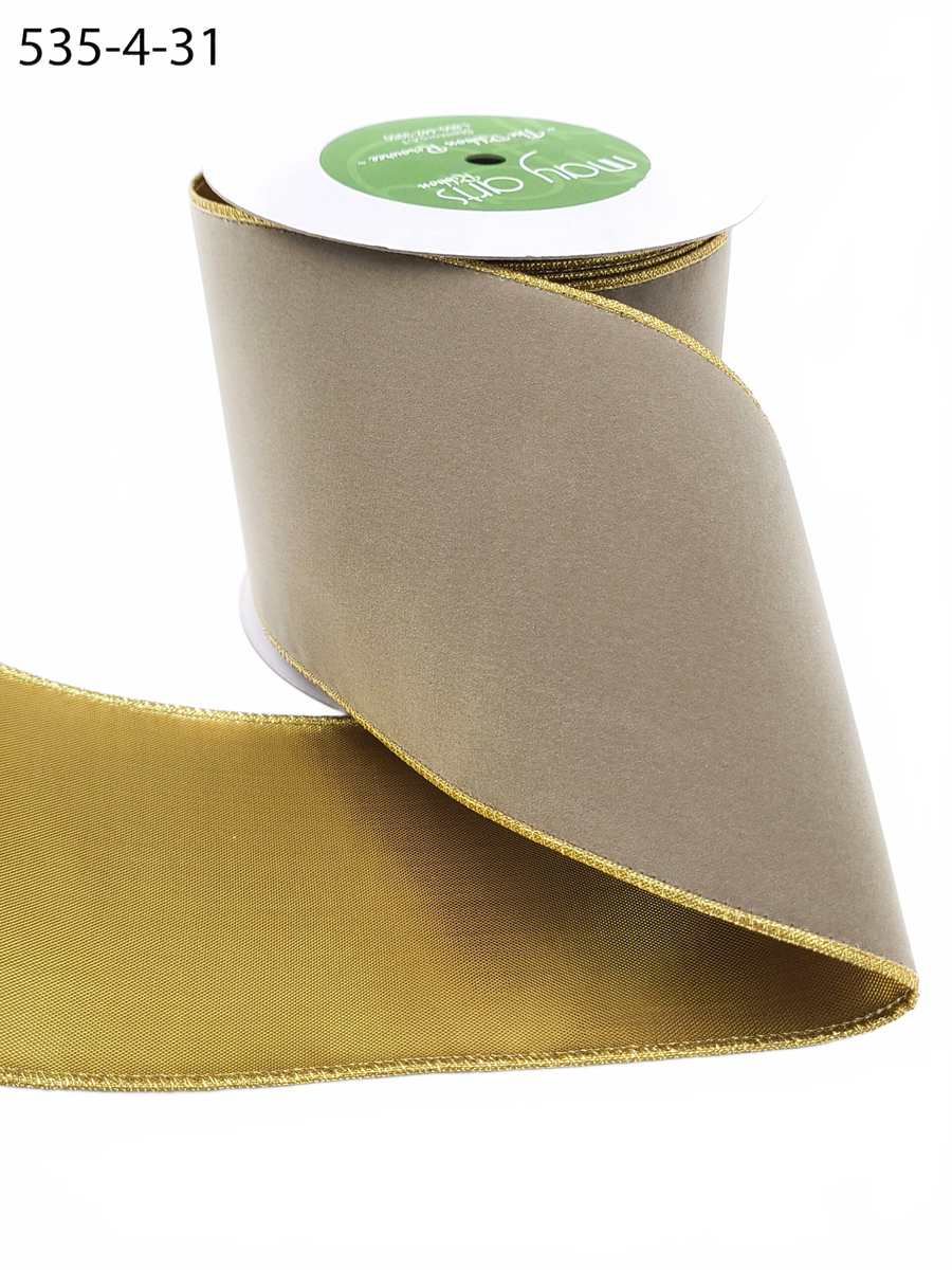 4 Inch Gray Velvet Gold Back Ribbon With Wired Edge