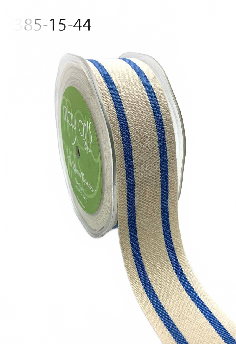 1.5 Inch Periwinkle Cotton Blend Woven Double Stripe Ribbon With Woven Edge