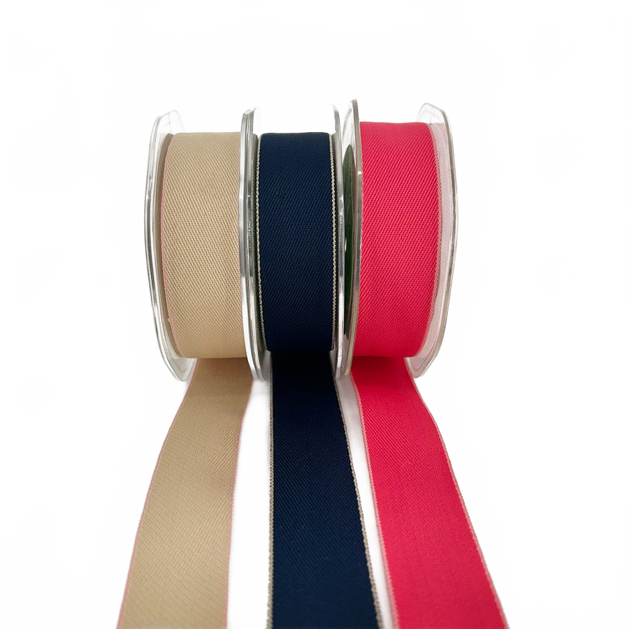 1 Inch Heavy Woven Natural/Pink Ribbon With Color Woven Edge