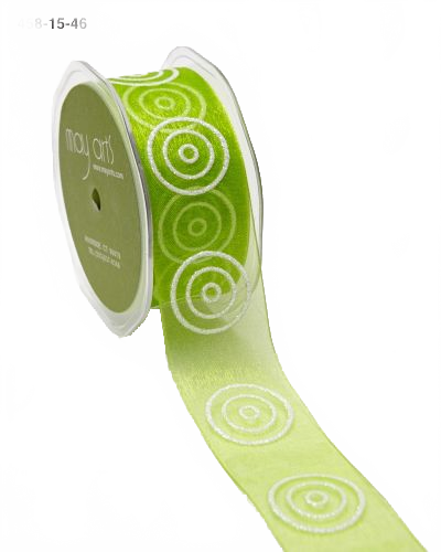 1.5 Inch Parrot Green/White Sheer With Glitter Bullseye Circles Ribbon With Woven Edge