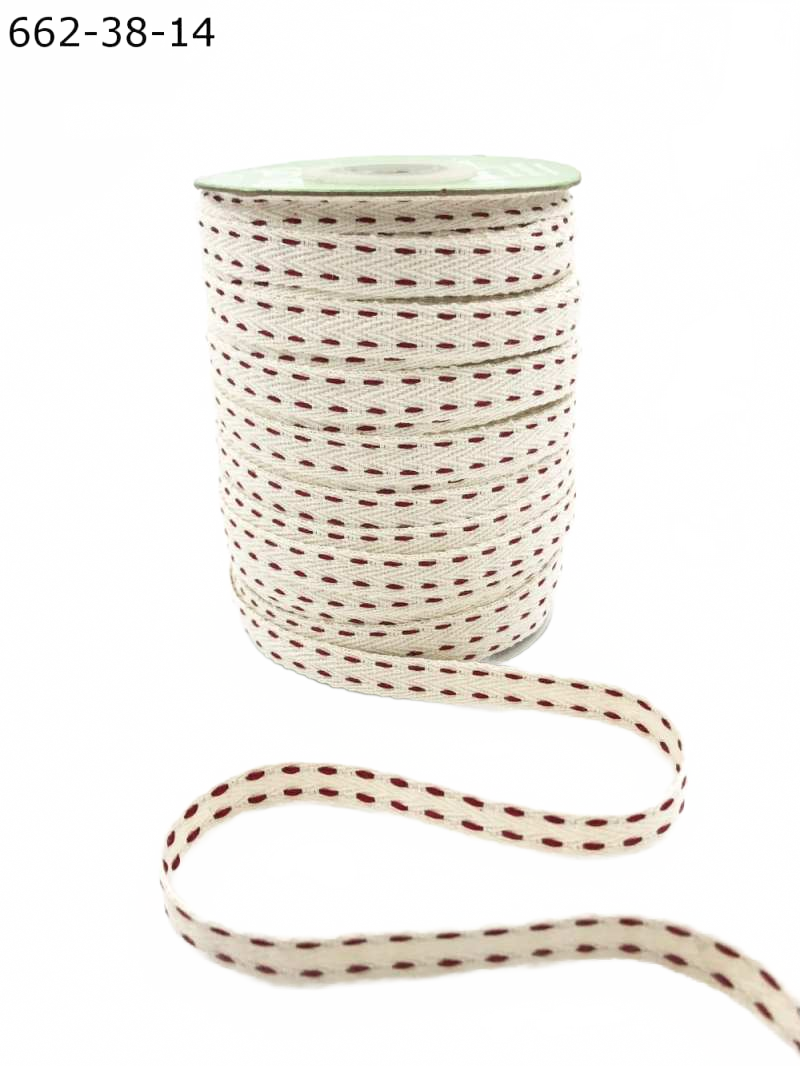 3/8 Inch Two Woven Threads On Red Cotton Blend Ribbon With Woven Edge