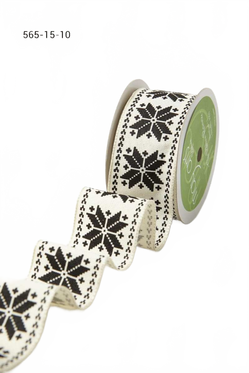 1.5 Inch Scandinavian-Inspired Snowflake Print Black Ribbon With Wired Woven Edge