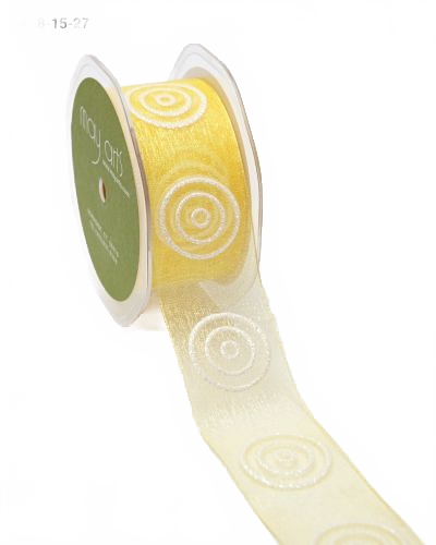 1.5 Inch Yellow/White Sheer With Glitter Bullseye Circles Ribbon With Woven Edge