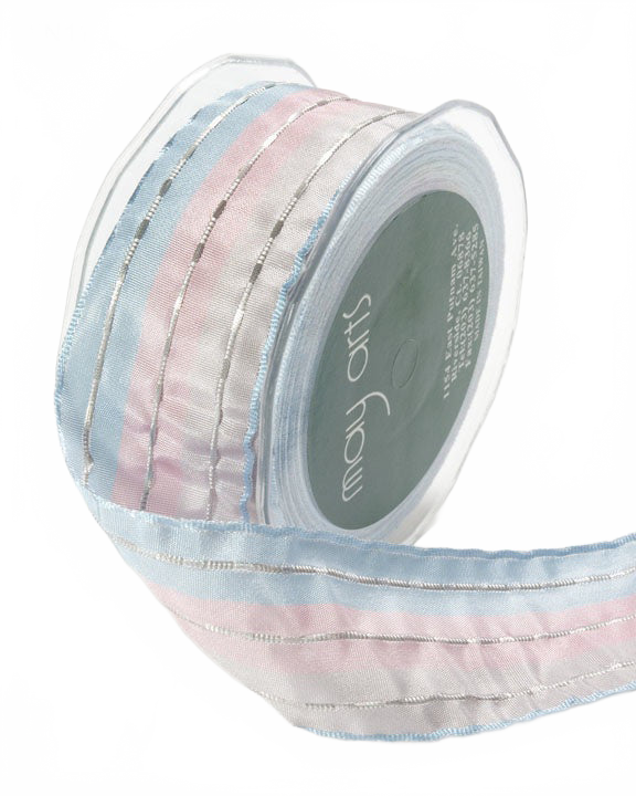 1.5 Inch Pink/Light Blue/Silver Metallic Lines Solid Ribbon