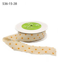 1.5 Inch Natural/Orange Dots Velvet Polka Dots On Natural Ribbon With Frayed Edge