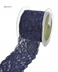 2.5 Inch Floral Elastic Lace Trim Navy Ribbon With Scalloped Eyelash Edge