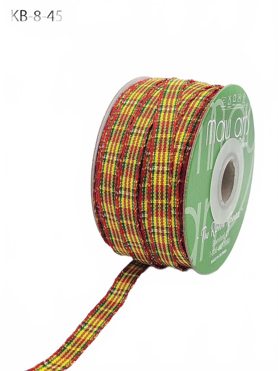3/8 Inch Checkered Red/Green/Yellow Ribbon With Woven Edge