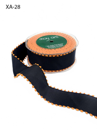 1.5 Inch Black/Orange Taffeta Ribbon With Pom Pom Wired Edge