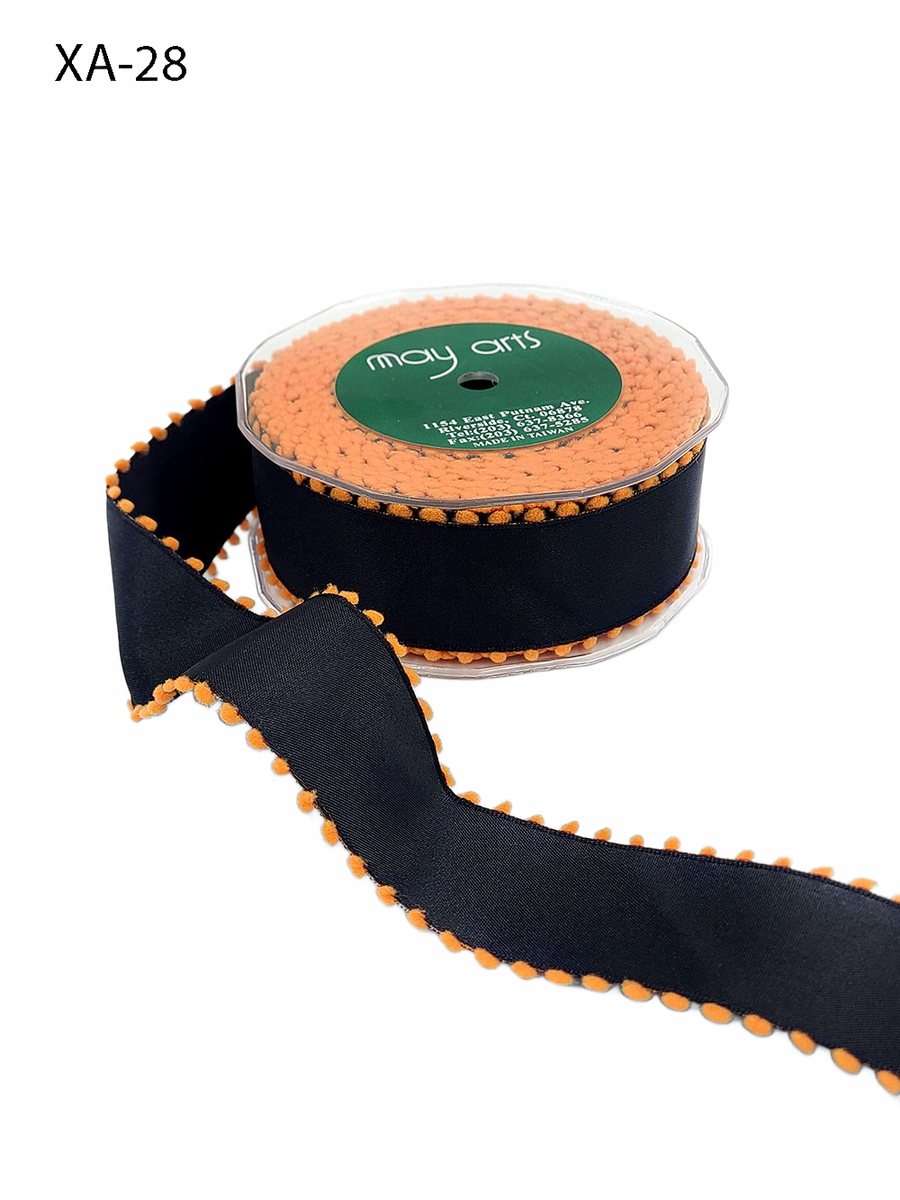1.5 Inch Black/Orange Taffeta Ribbon With Pom Pom Wired Edge