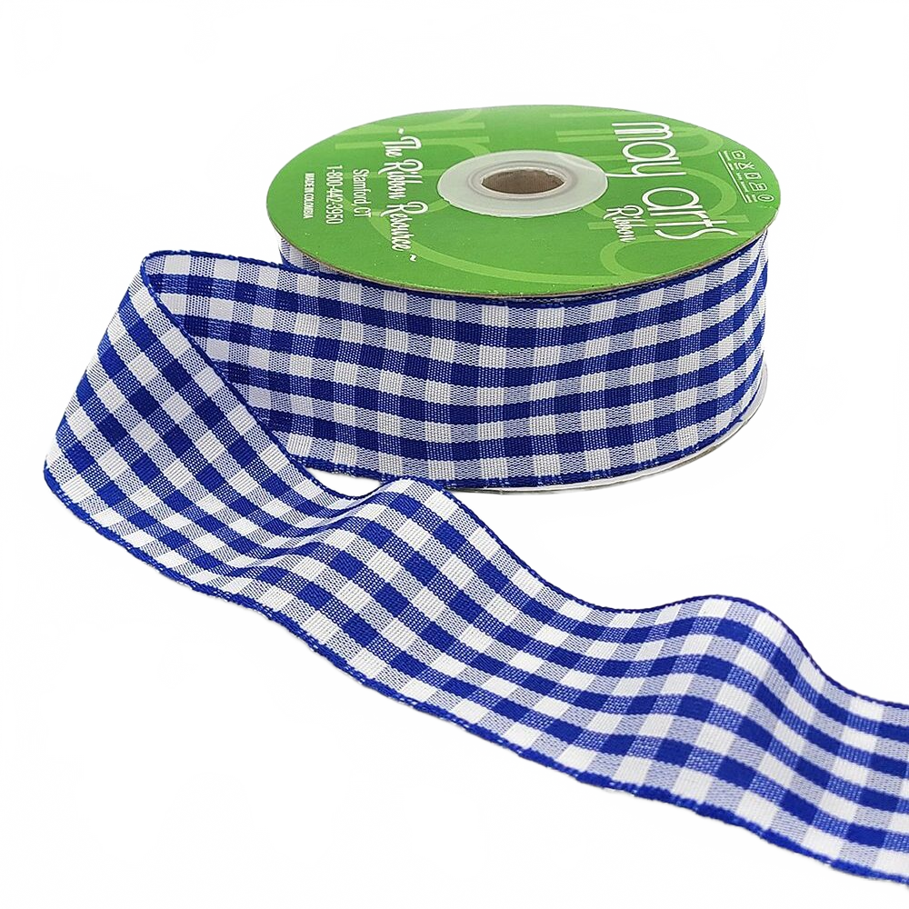 1.5 Inch Checkered Gingham Cobalt Blue Ribbon With Woven Edge