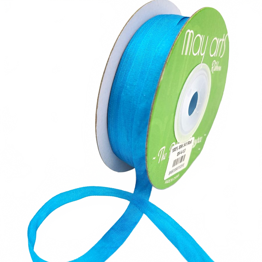 100% Hand-Dyed 1/4 Inch Atomic Blue Silk Ribbon With Woven Edge