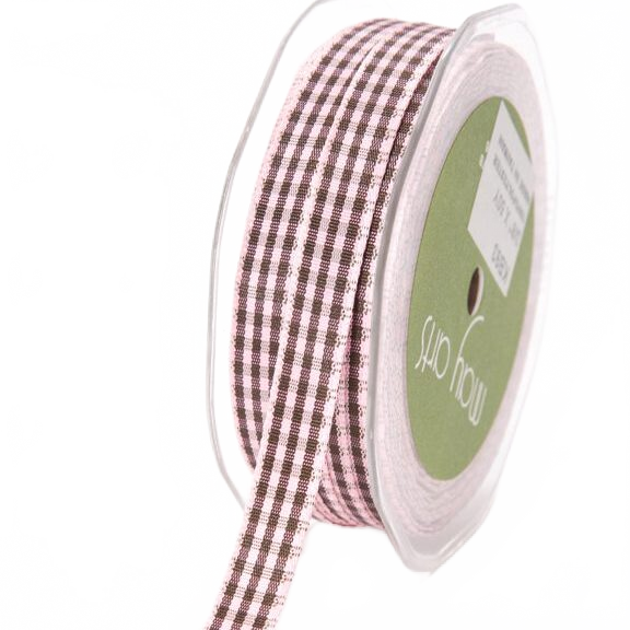 3/16 Inch Checkered Gingham Pink/Brown Ribbon With Woven Edge