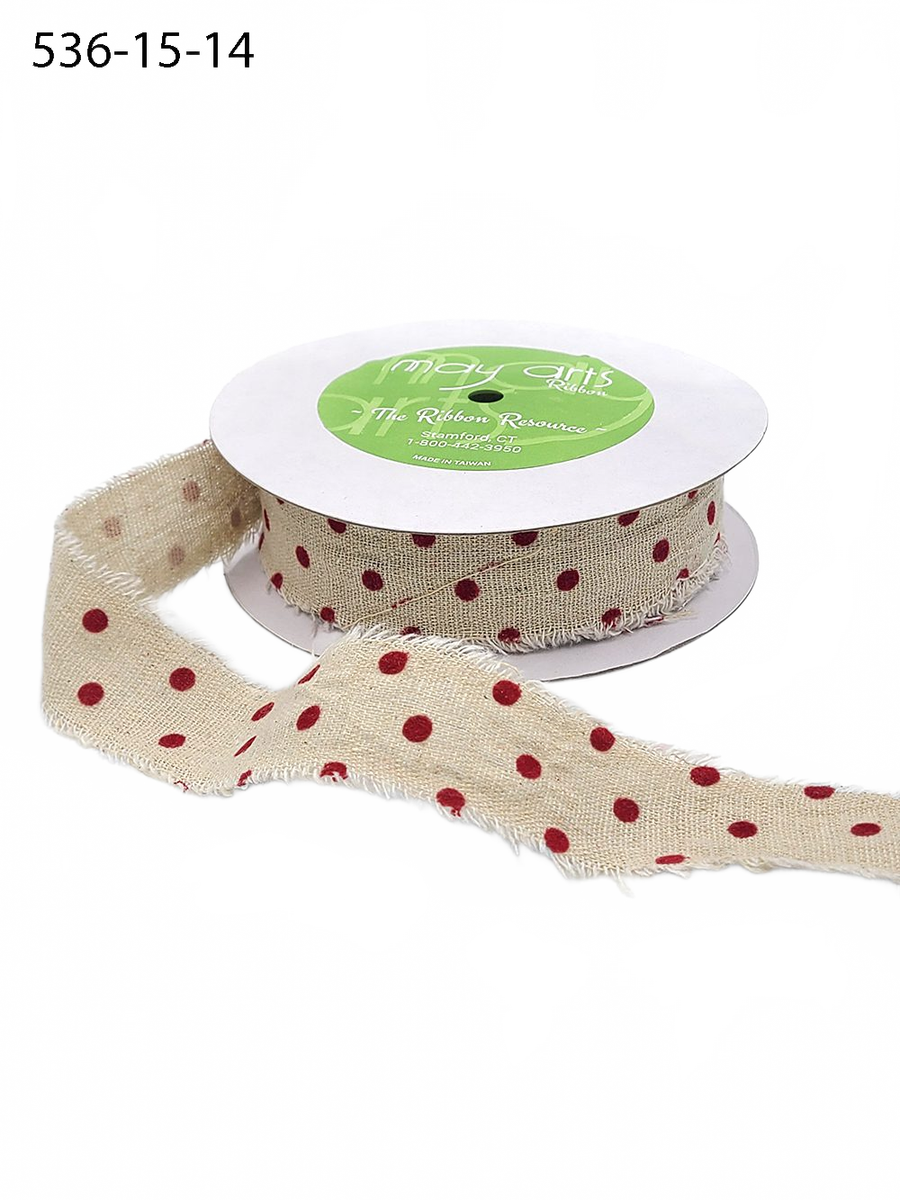 1.5 Inch Natural/Red Dots Velvet Polka Dots On Natural Ribbon With Frayed Edge
