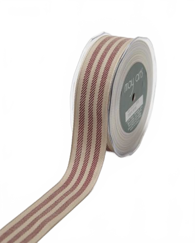 ~1.25 Inch Triple Woven Stripe Natural/Burgundy Ribbon With Woven Edge