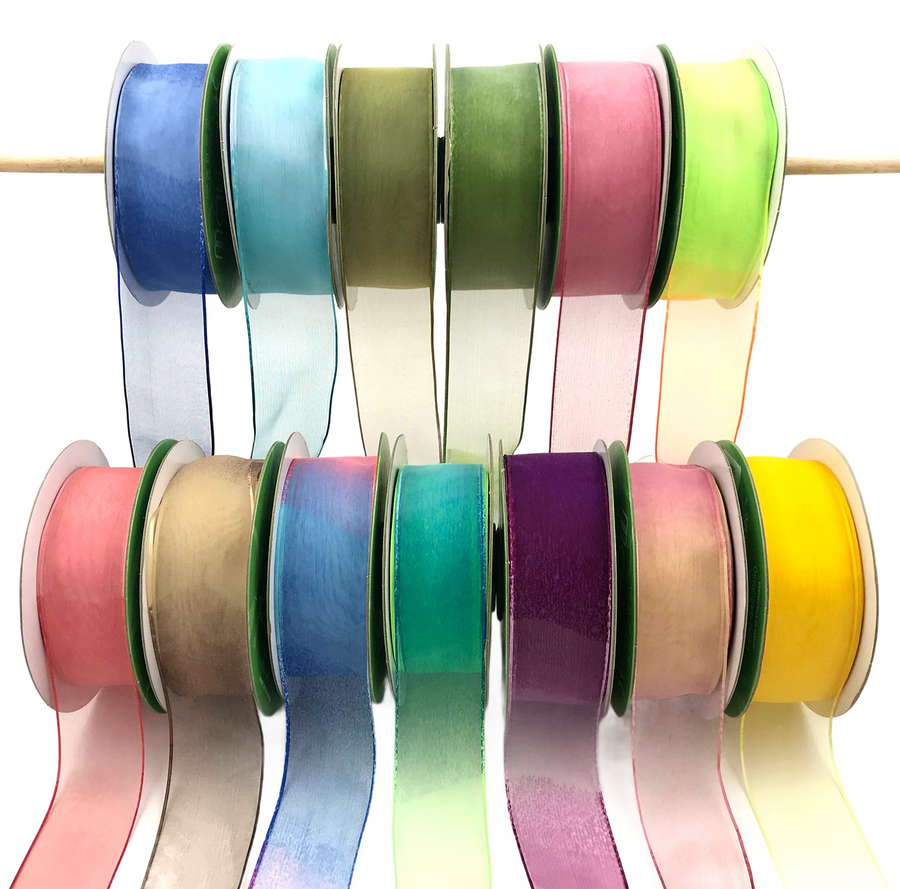 1.5 Inch Soft Variegated (Multi-Color) Neon Pink/Neon Blue Sheer Ribbon With Thin Solid Edge