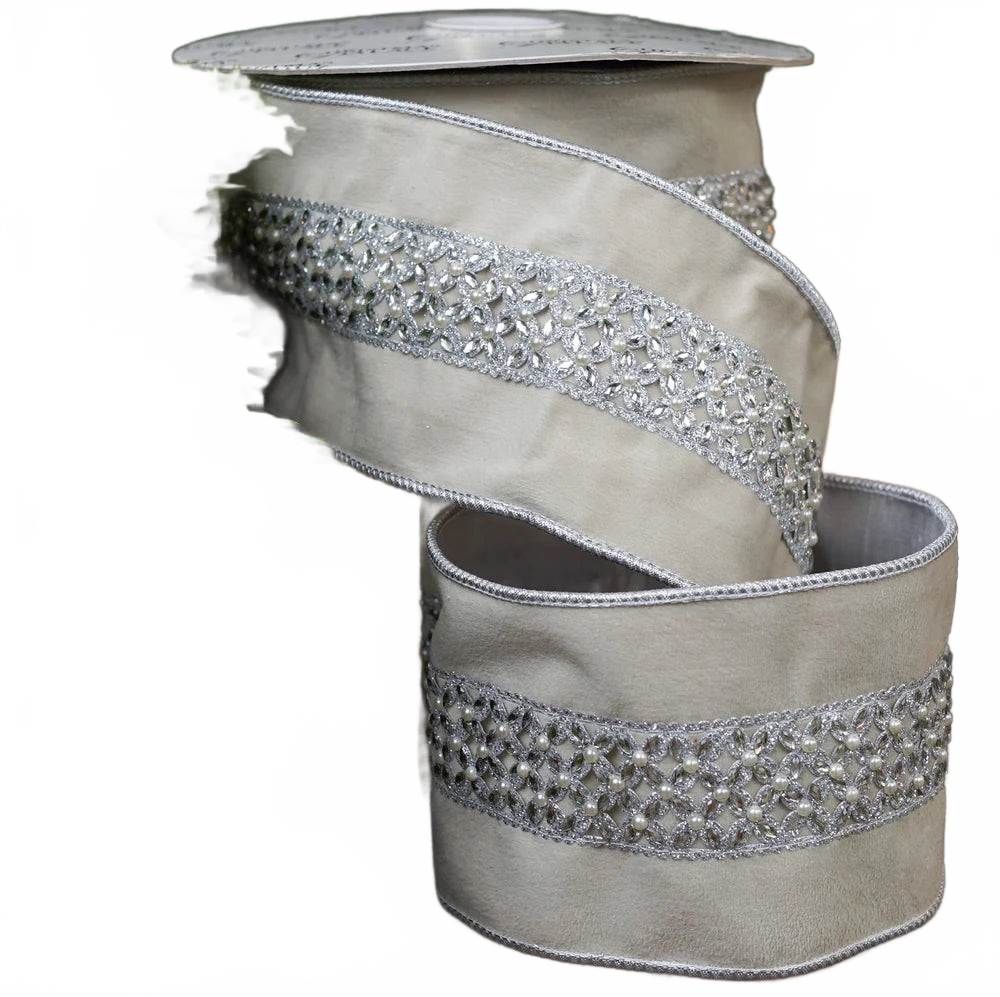 4" X 10YD Ivory Velvet Ribbon With Pearls & Silver Jewels