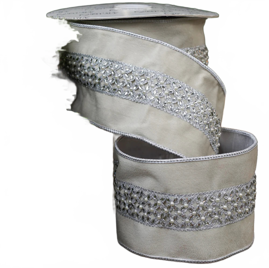 4" X 10YD Ivory Velvet Ribbon With Pearls & Silver Jewels