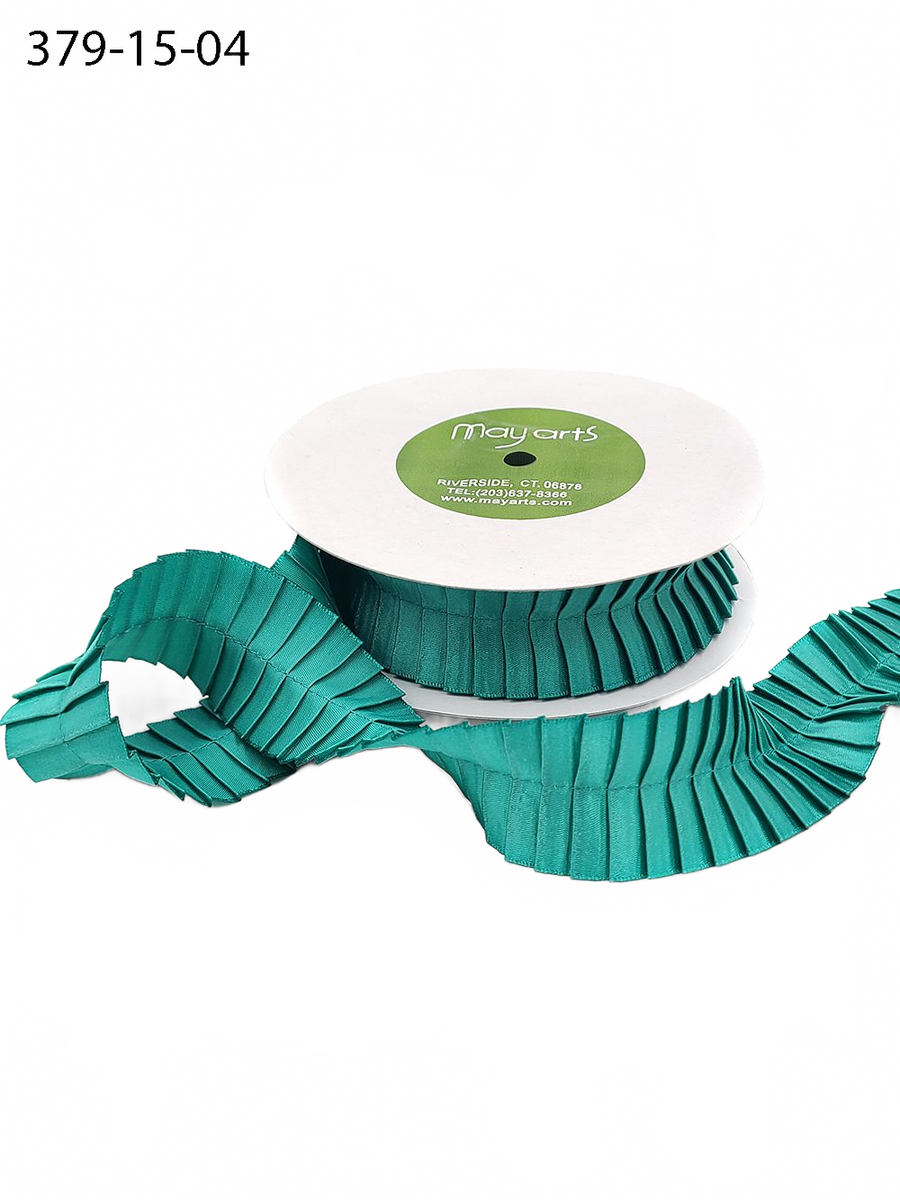 1.5 Inch Teal Satin Pleats Ribbon With Woven Edge