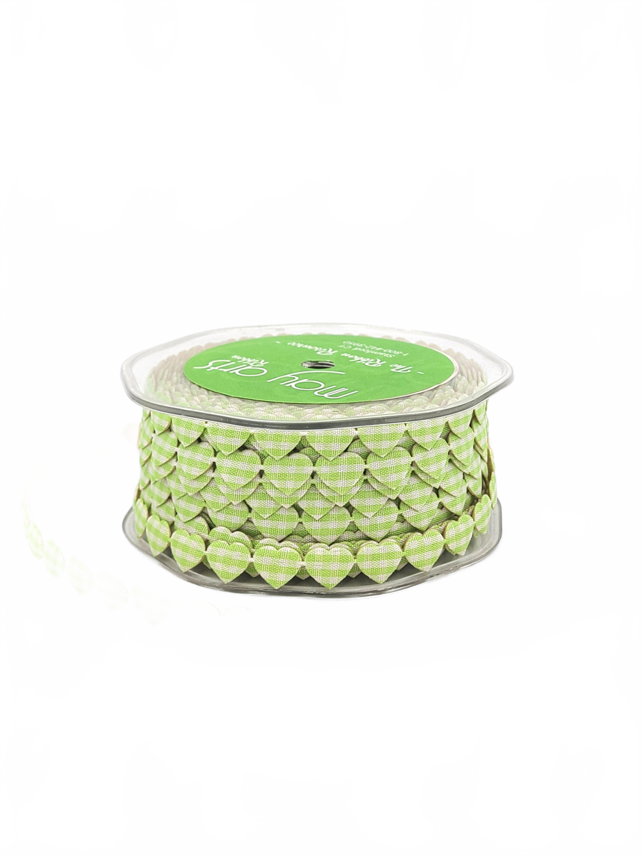 3/8 Inch Adhesive Puffy Mini Gingham Heart Light Green/Ivory Ribbon With Cut Sealed Edge