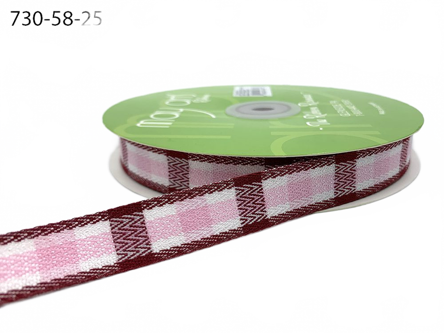 ~5/8 Inch Woven Tartan Plaid Pink/Burgundy/White Twill Ribbon
