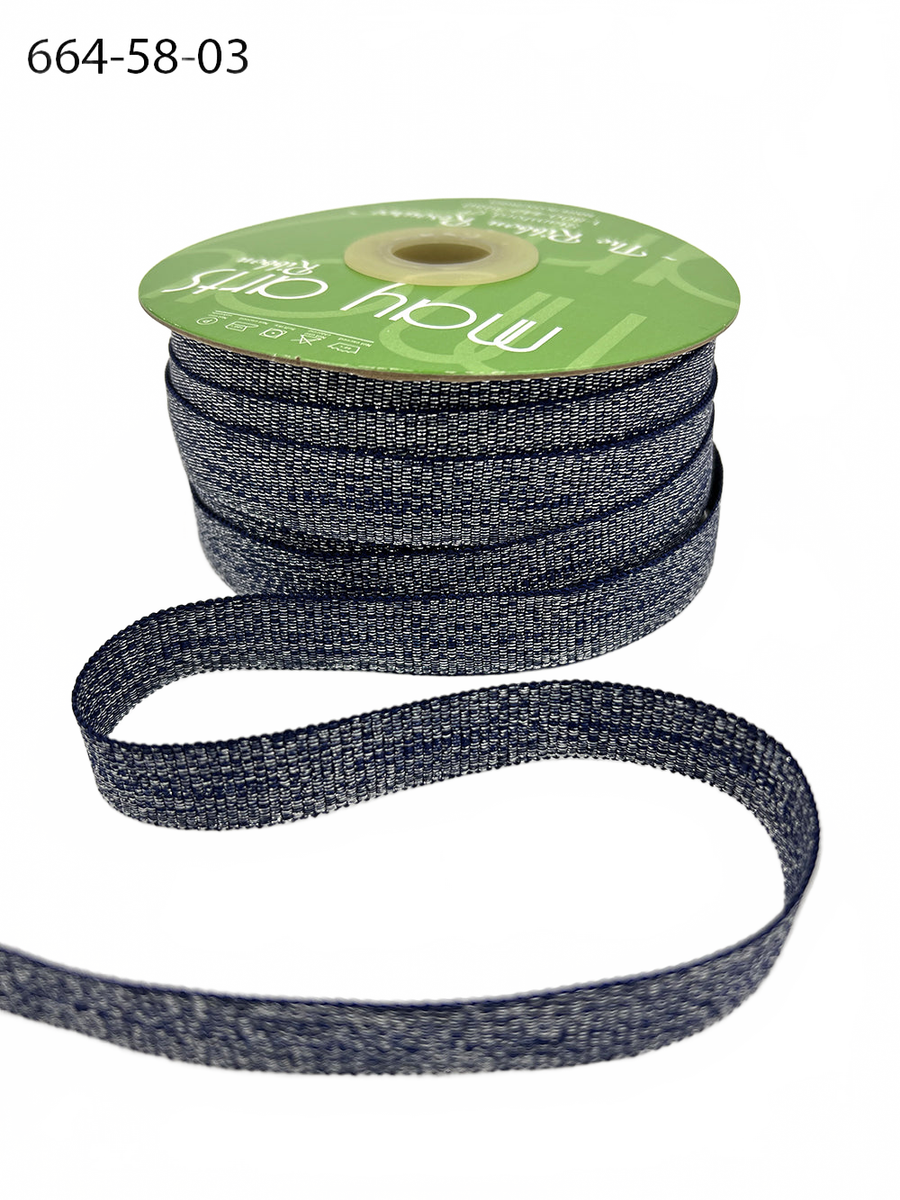 5/8 Inch Metallic Sparkle Navy Silver Grosgrain Ribbon With Woven Wedge