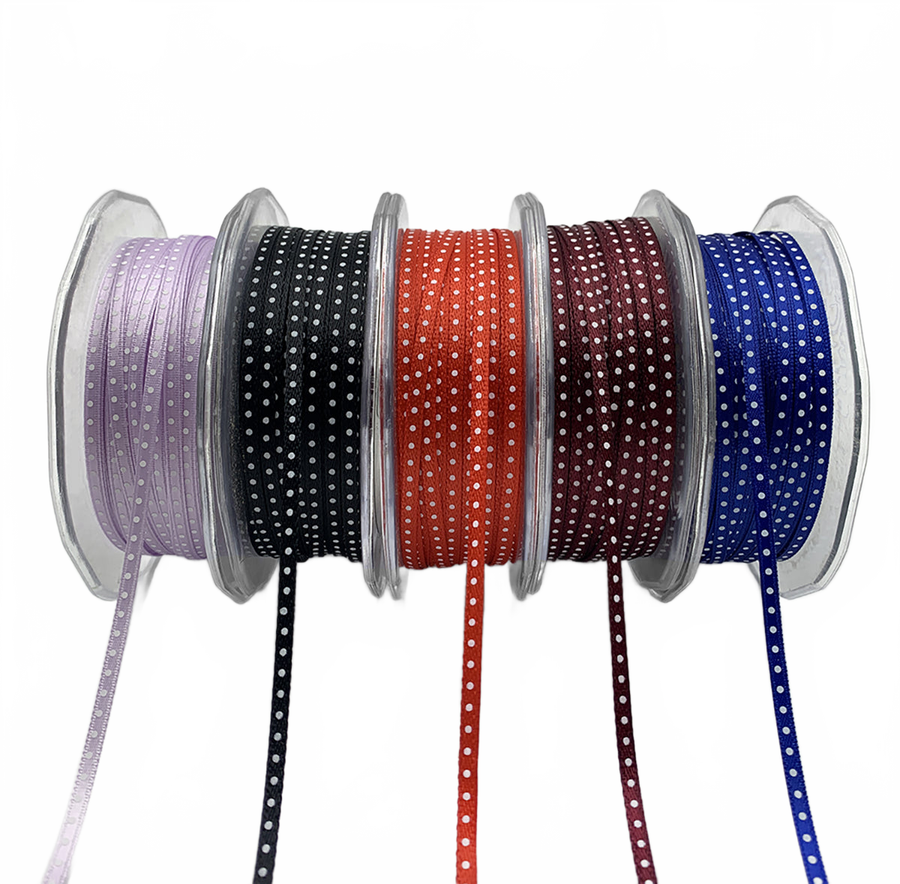 1/8 Inch Satin Mini Center Dot Ribbon With Woven Edge