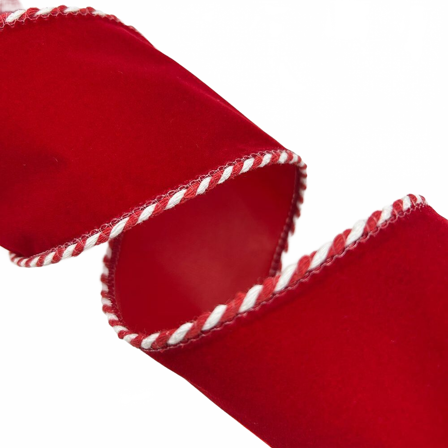 2.5 Inch Red Velvet Ribbon With Glitter And Red/White Ticking Wired Edge