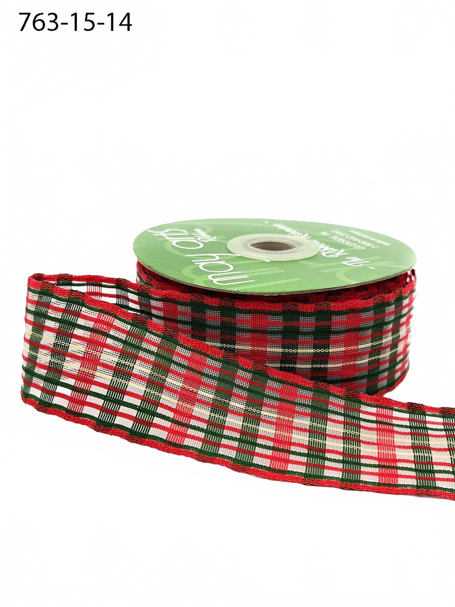 1.5 Inch Red/Green/Tan Sheer Christmas Plaid Check Ribbon With Woven Edge