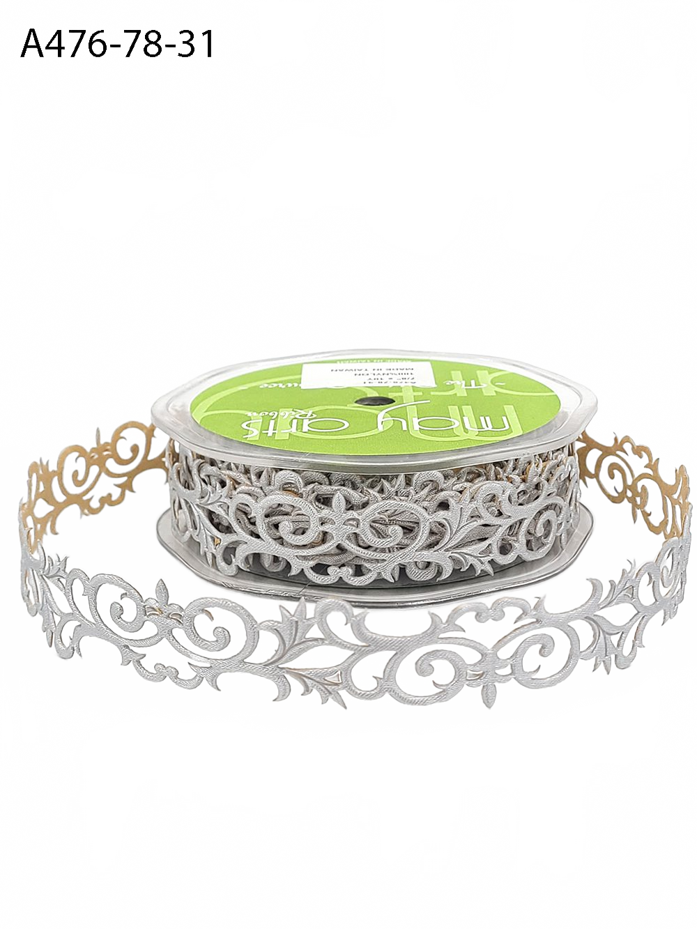 7/8 Inch Adhesive Silver Satin Fleur-De-Lis Scroll Ribbon With Cut Sealed Edge