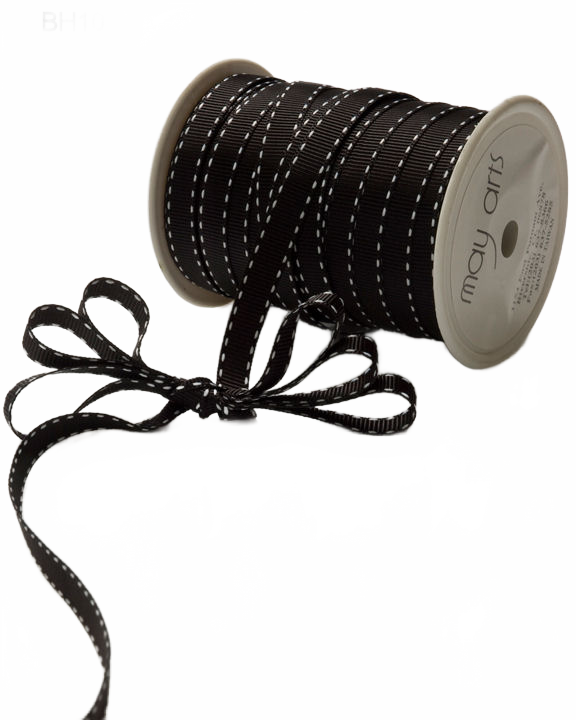 3/8 Inch Classic Black/White Stitch Grosgrain Ribbon With Woven Stitched Edge
