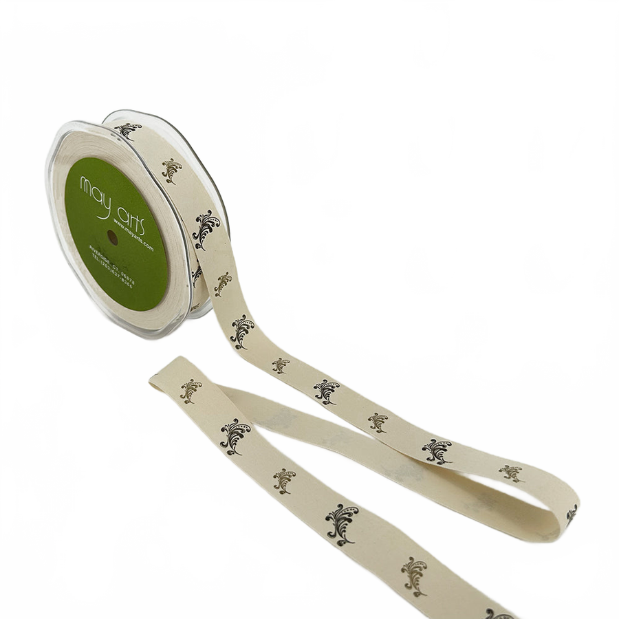 3/4 Inch Ivory Scrolls Canvas Printed Ribbon With Woven Edge