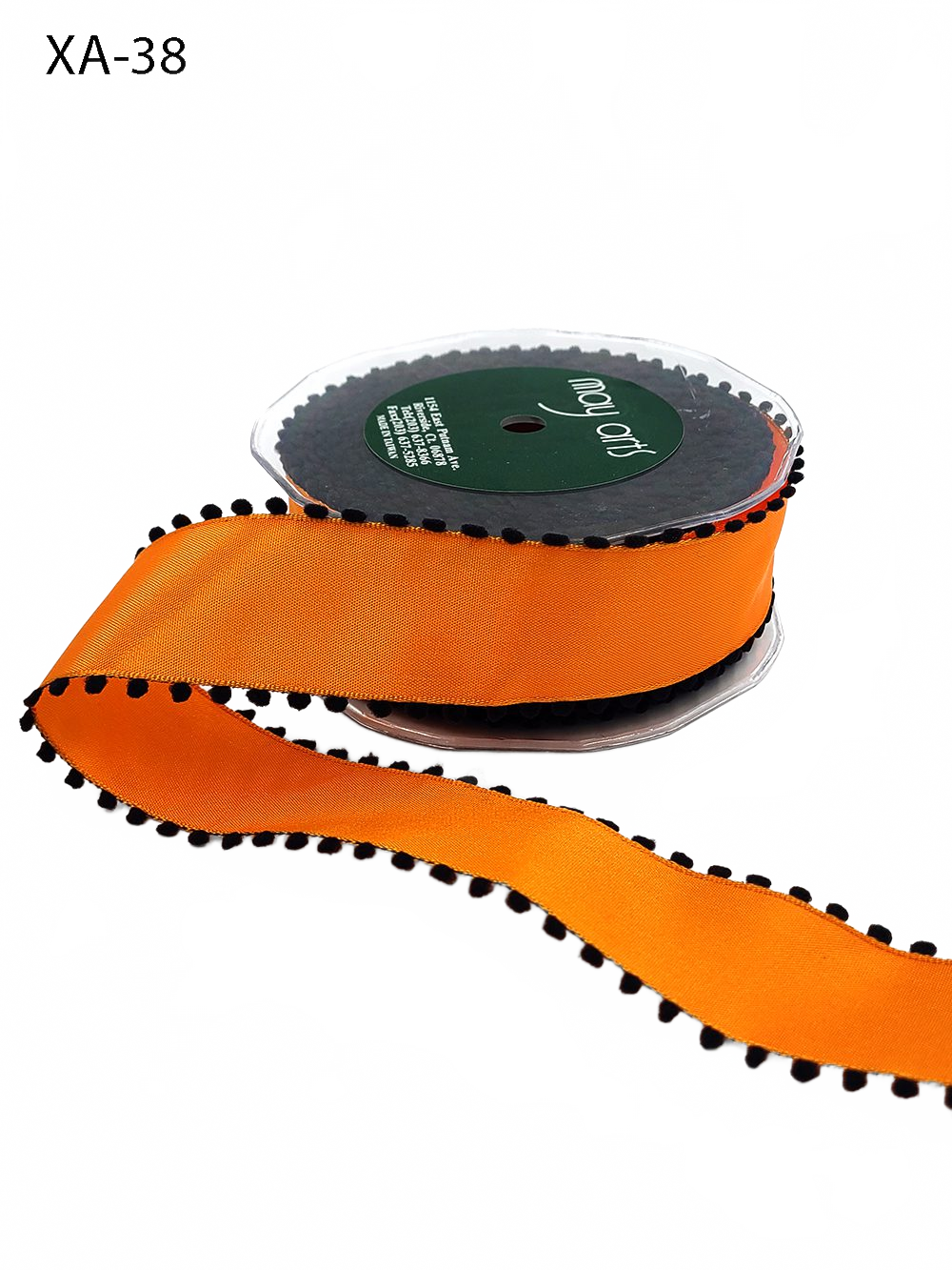 1.5 Inch Orange/Black Taffeta Ribbon With Pom Pom Wired Edge