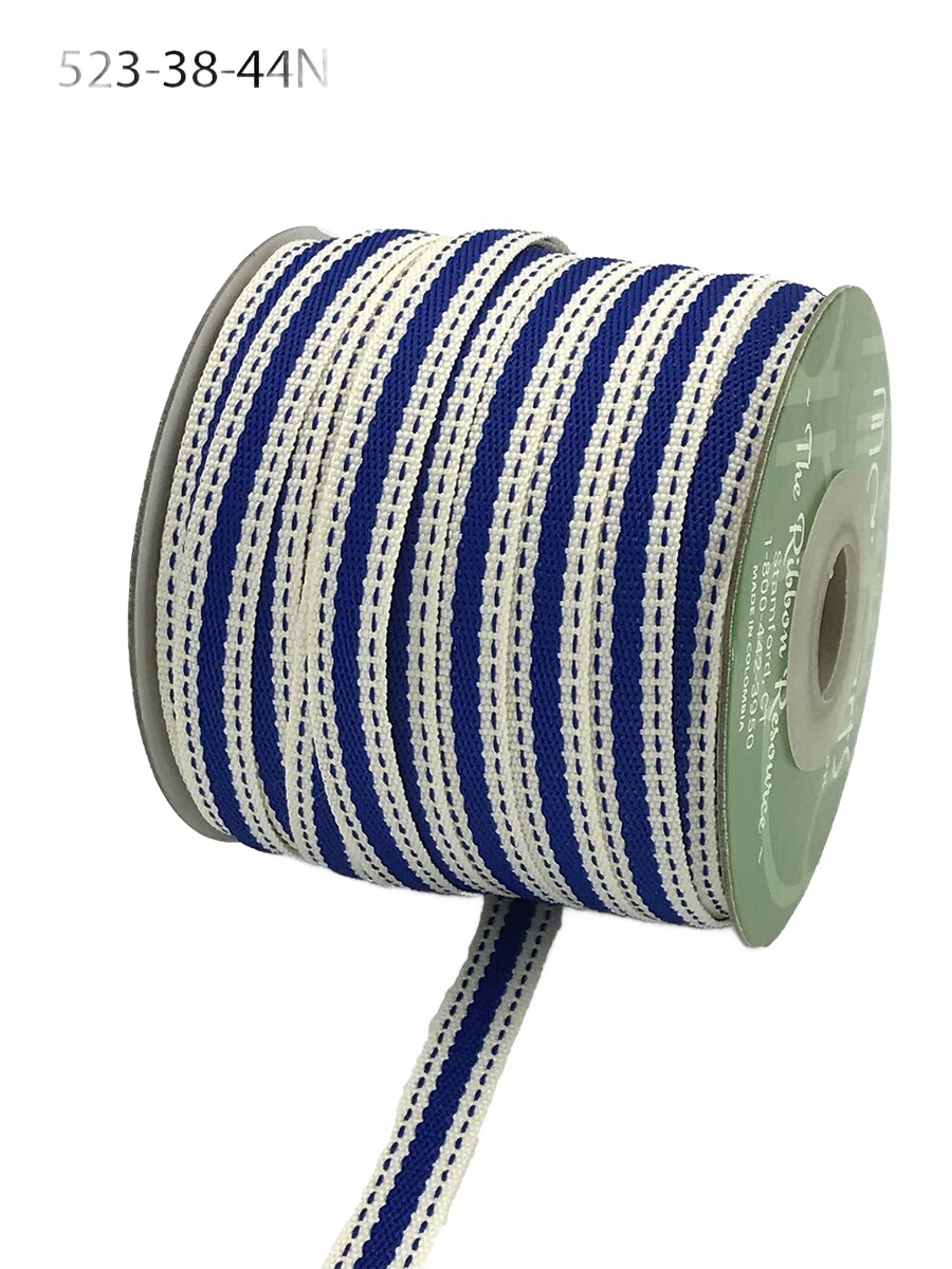 3/8 Inch Solid Color Band Ivory/Royal Blue Ribbon With Natural Woven Stitched Edge