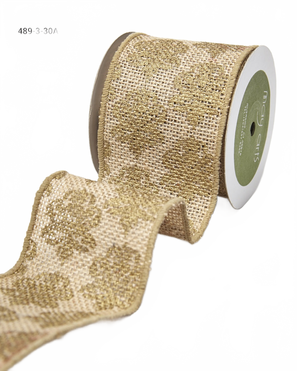 3 Inch 100% Jute Burlap With Metallic Print Ribbon With Wired Edge