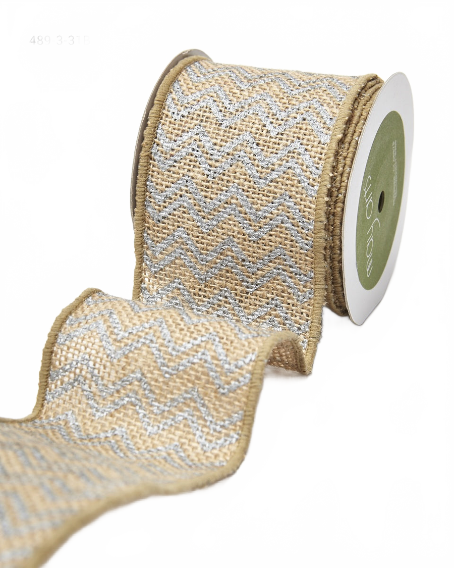 3 Inch 100% Jute Burlap With Silver Chevron Metallic Print Ribbon With Wired Edge
