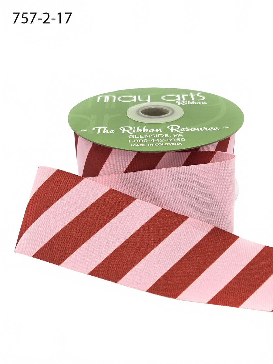 2 Inch Modern Diagonal Striped Light Pink/Red Grosgrain Ribbon With Woven Edge