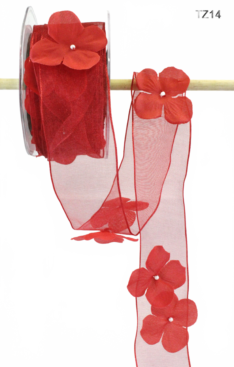 1.5 Inch Flower With Pearl Red Ribbon Garland