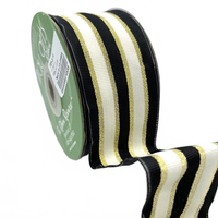 ~2 Inch (50Mm) Woven Black/Ivory/Gold Metallic Gold Stripe Wired Ribbon