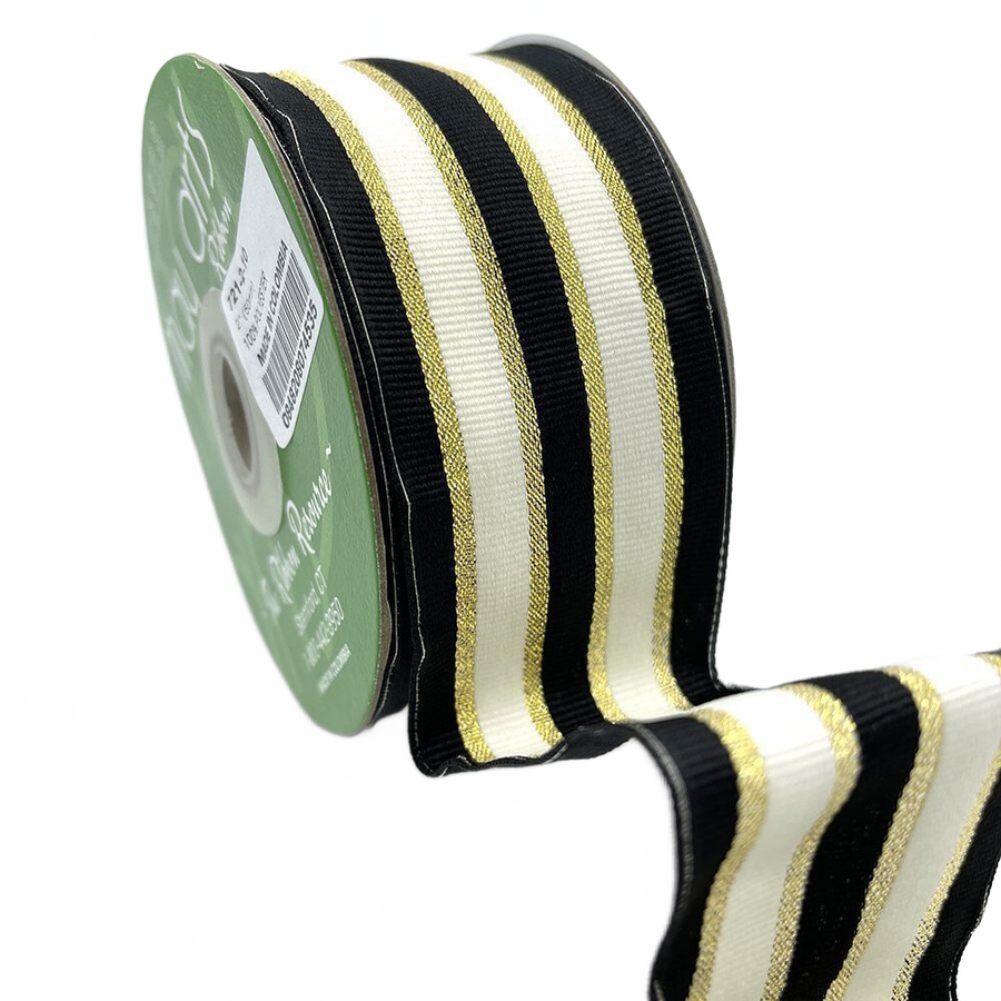 ~2 Inch (50Mm) Woven Black/Ivory/Gold Metallic Gold Stripe Wired Ribbon
