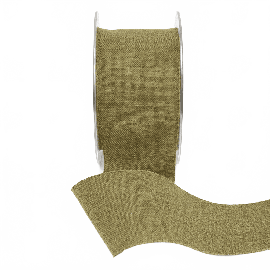 2 Inch Cotton And Jute Olive Burlap Blend Ribbon With Wired Woven Edge
