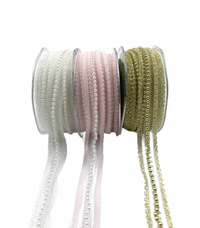 5/8 Inch Sheer Lace Trim With Pearl Center Ribbon With Scalloped Edge