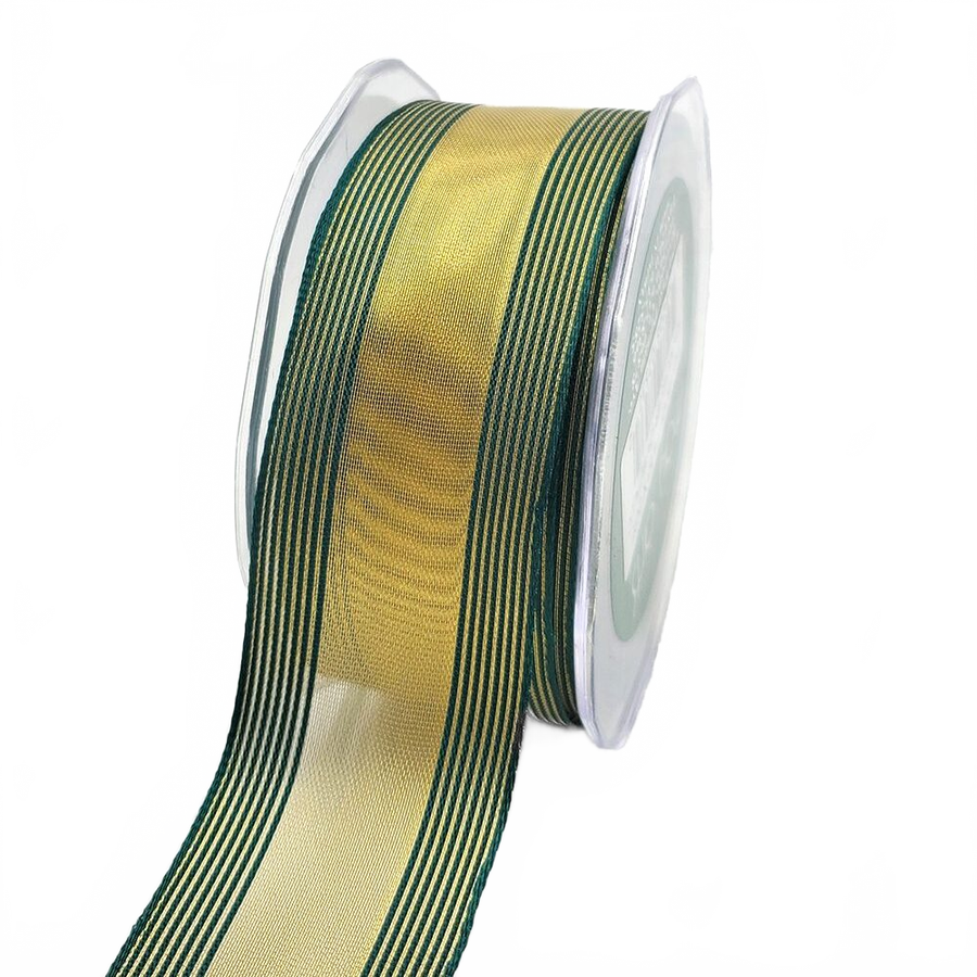 1.5 Inch Sheer Gold/Green Metallic Stripes Wired Ribbon
