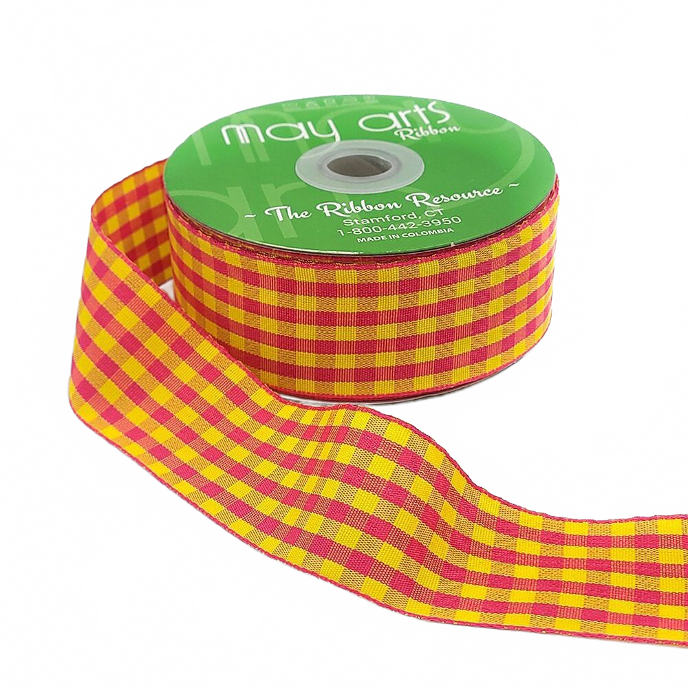 1.5 Inch Checkered Gingham Fuchsia/Yellow Ribbon With Woven Edge