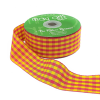 1.5 Inch Checkered Gingham Fuchsia/Yellow Ribbon With Woven Edge