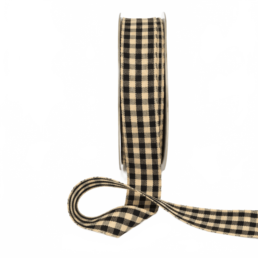 7/8 Inch Woven Antique Ivory Checkered Black Ribbon With Woven Edge