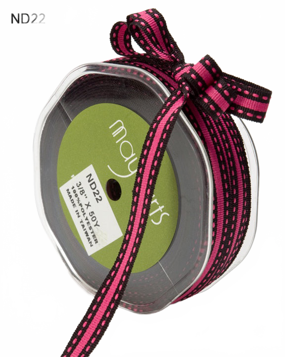 3/8 Inch Black/Fuchsia Grosgrain Center Stripe Stitched Edges Ribbon