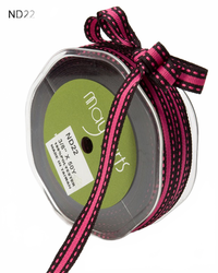 3/8 Inch Black/Fuchsia Grosgrain Center Stripe Stitched Edges Ribbon
