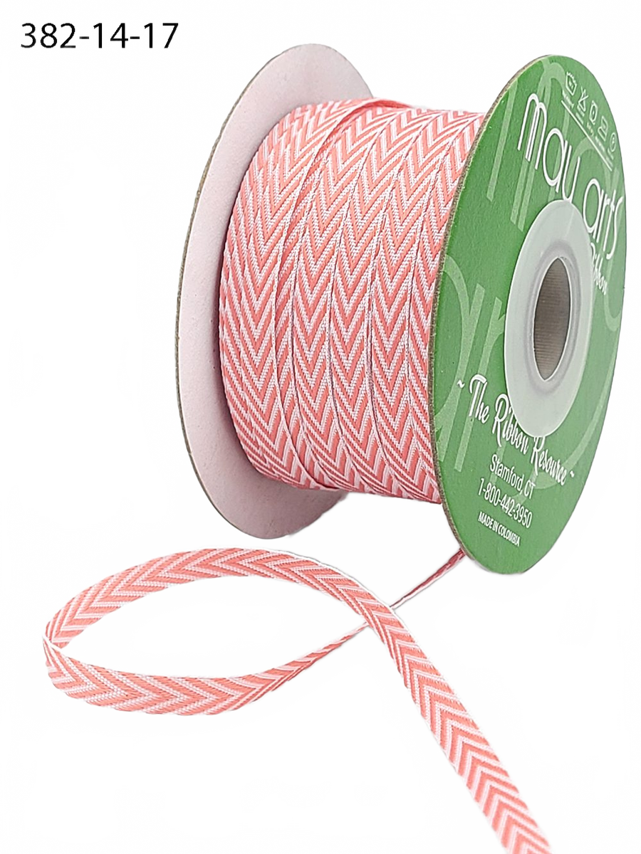 1/4 Inch Pink Twill Chevron Stripe Ribbon With Woven Edge